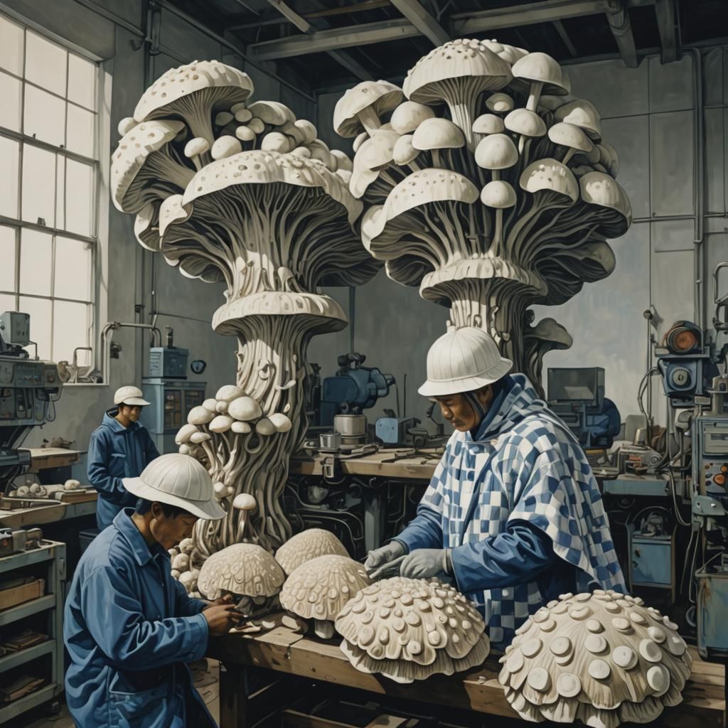 Linocut Print of Porcelain Workers with Giant Mushrooms