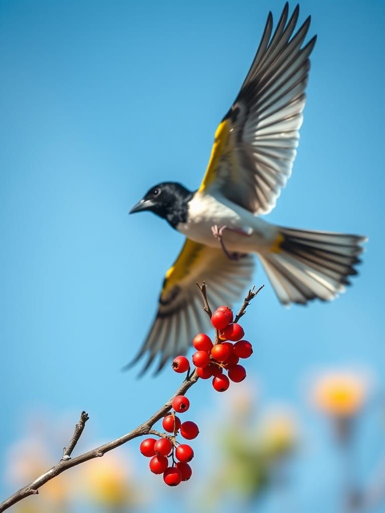 Bird with Red Berries Soaring in Sunlight
