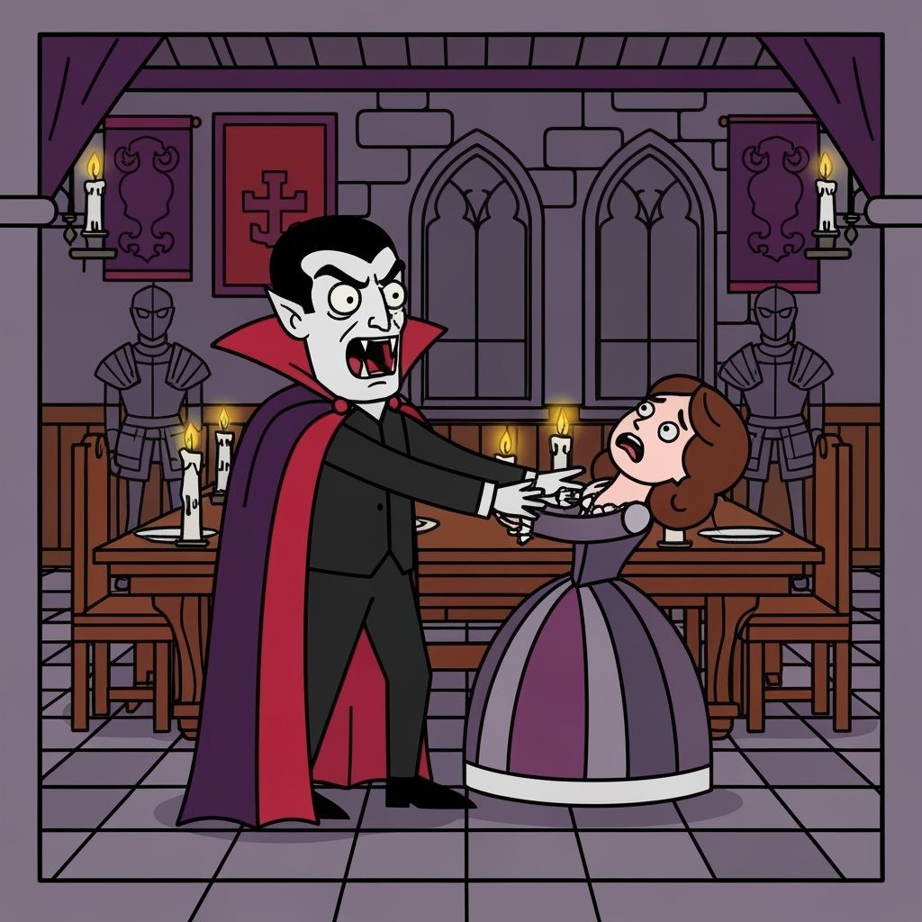 Cartoon Vampire Bites Lady in Castle Dining Room