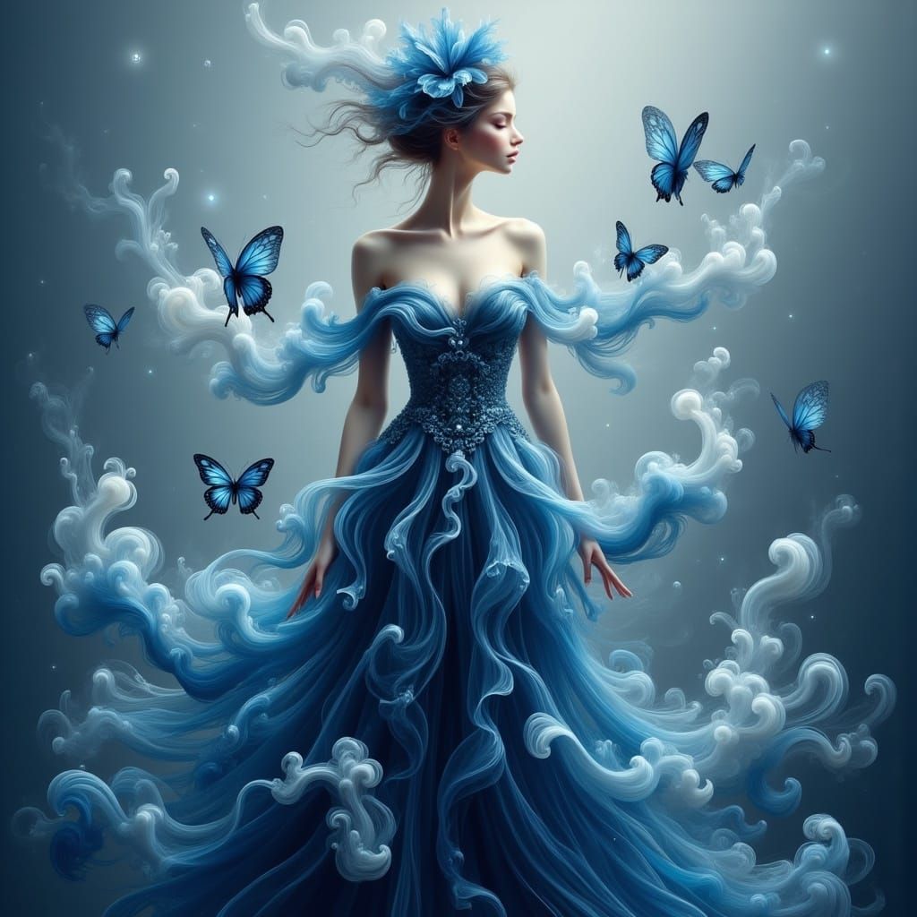 Ethereal Girl in Blue with Butterflies