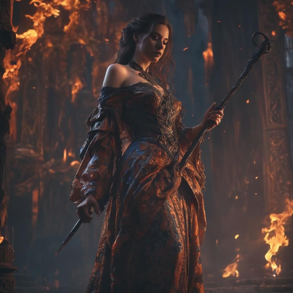 Woman at Stake in Roaring Flames: Dark Fantasy Art