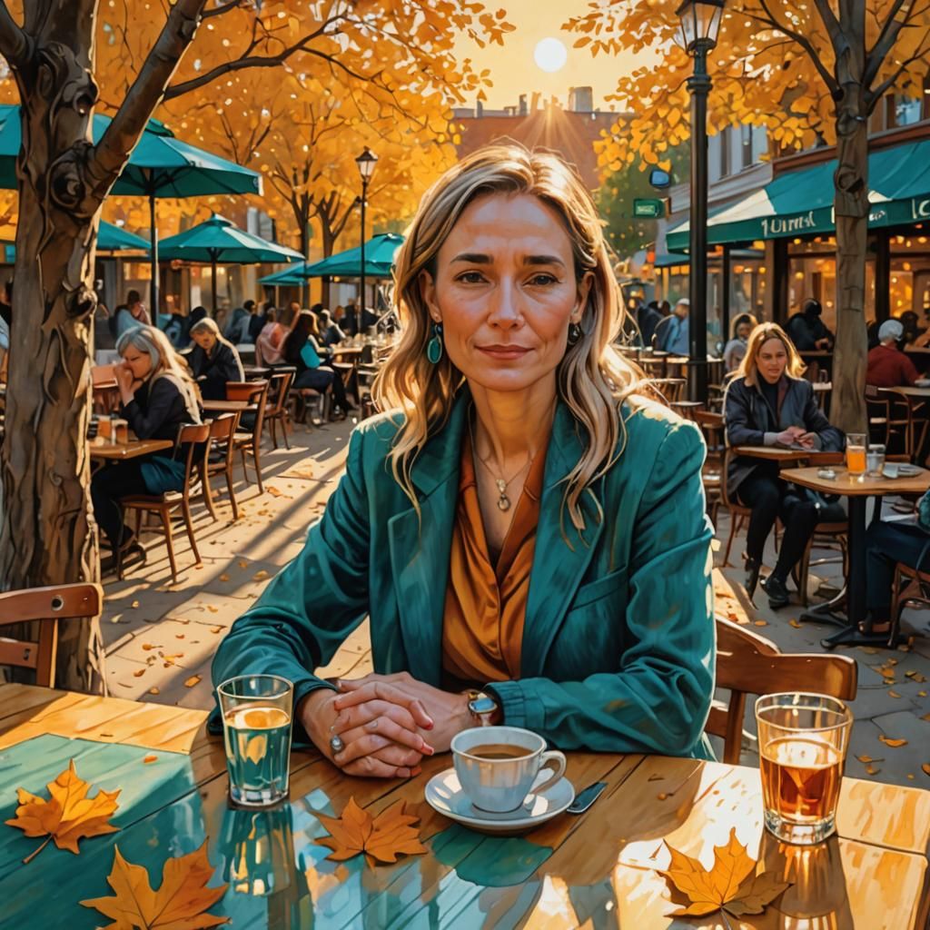 Sad Woman in Cafe with Autumn Sunset