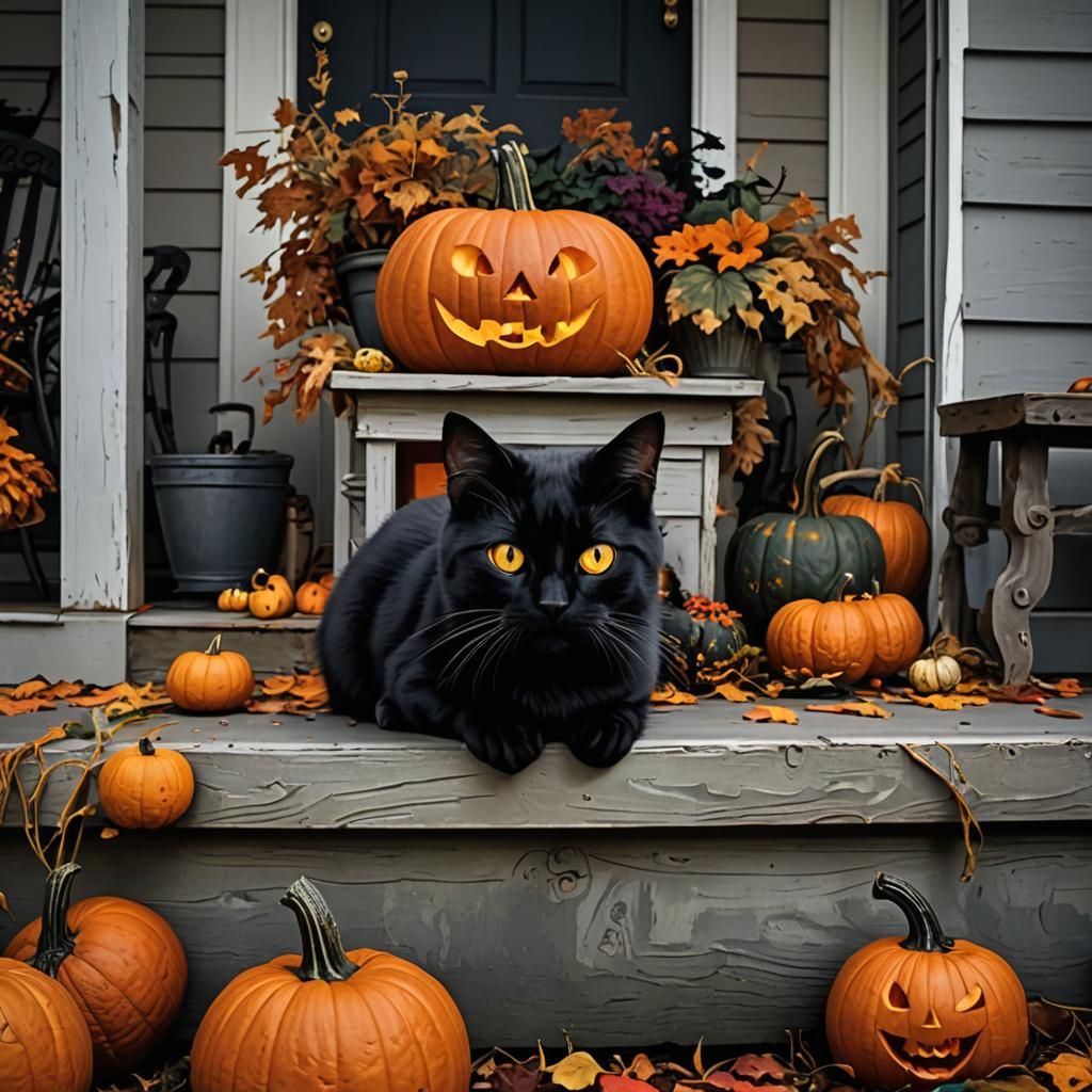 Creepy Adorable Black Cat with Pumpkin
