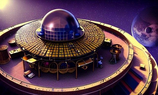 steampunk Moon Hotel tilt shift sunshine rays; futuristic Ea...