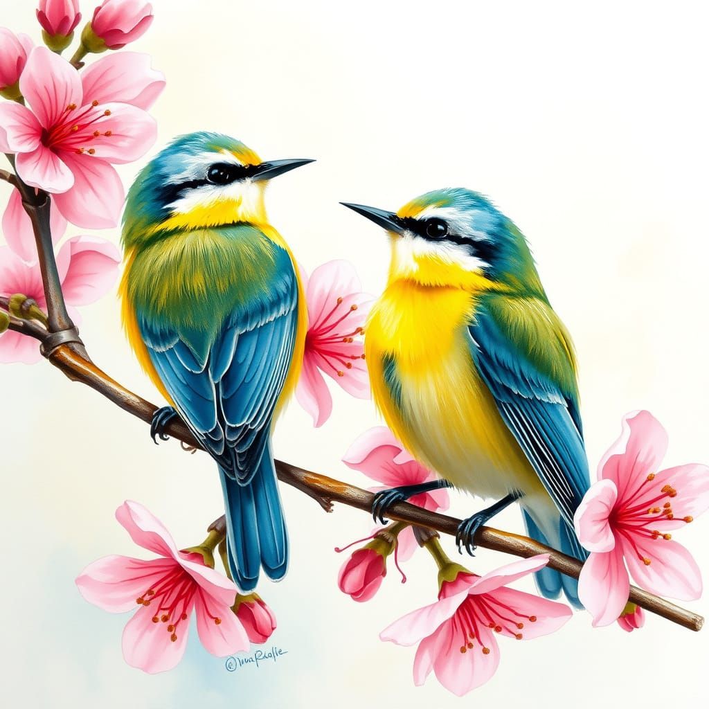 Vibrant Bluetits on Pink Blossoms in Watercolor Style