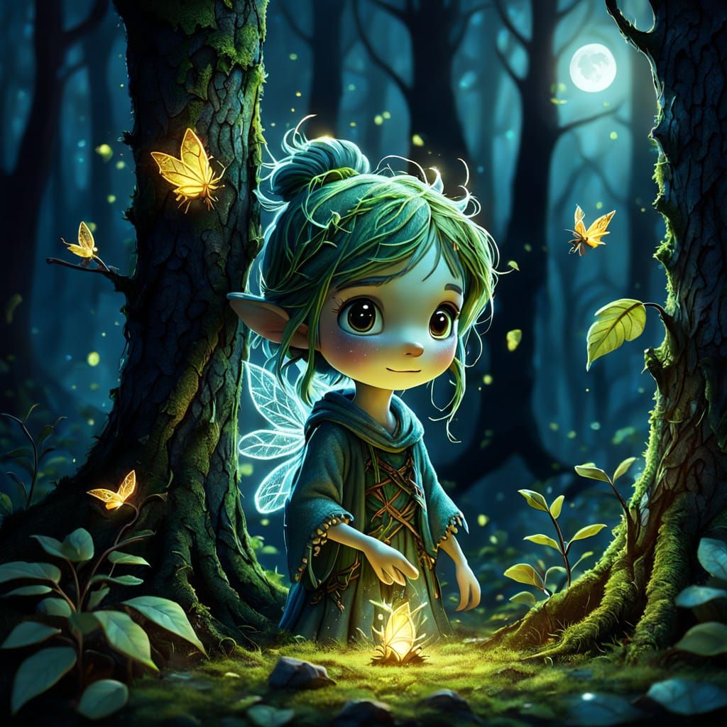 Forest Spirit Mends Leaf Under Firefly Glow