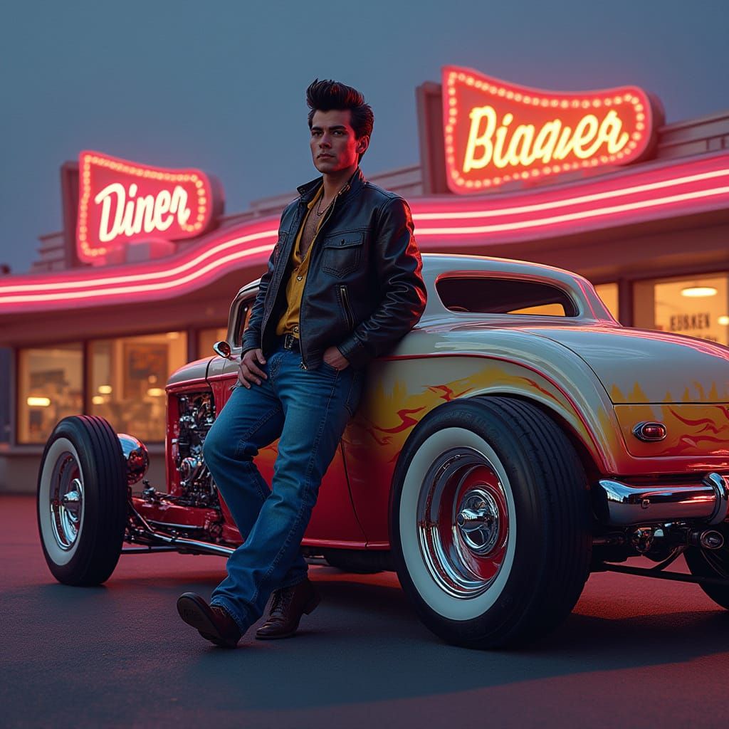 Rockabilly Greaser and Hot Rod in Hyperrealism Style