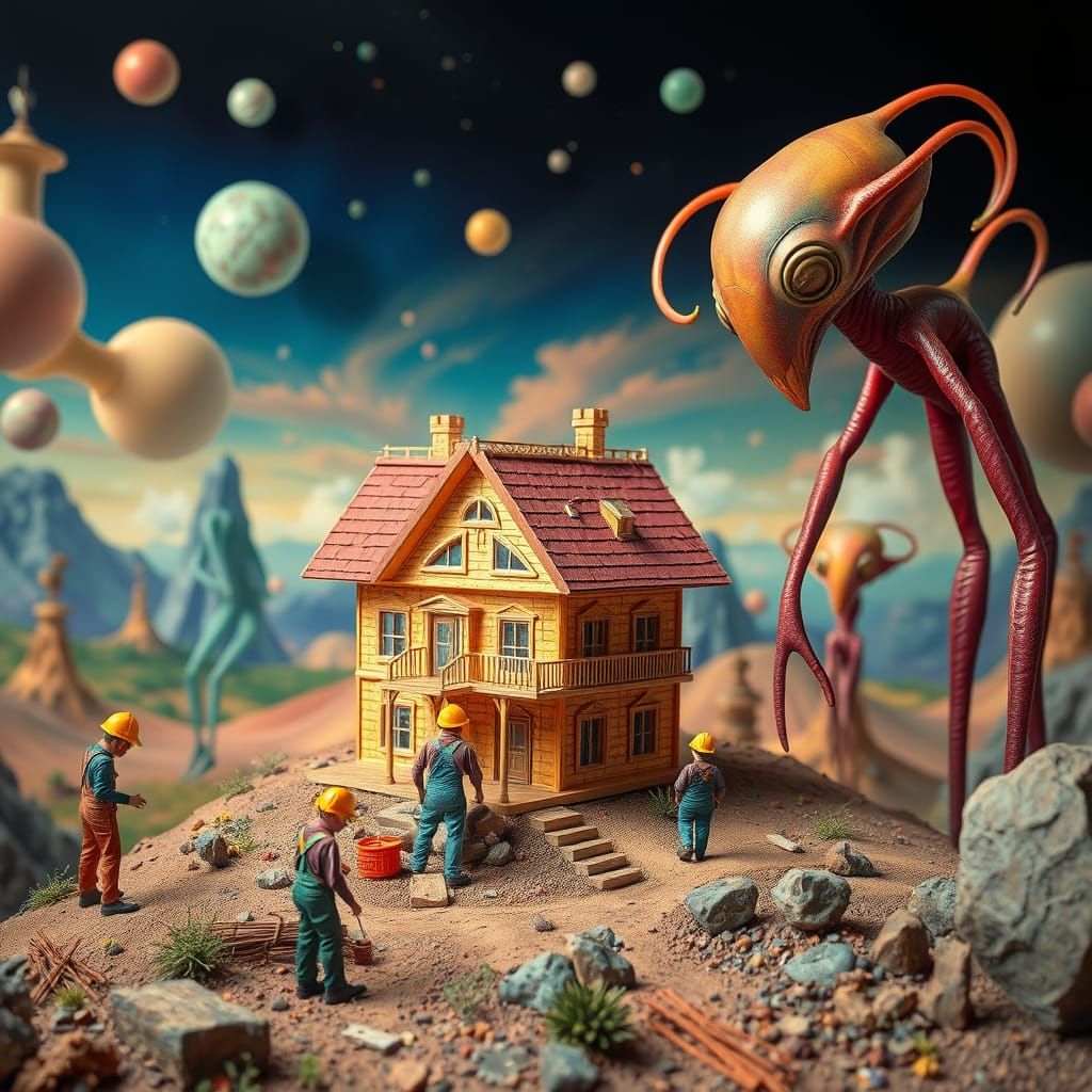 Tiny Workers Build Surreal Houses with Bizarre Aliens