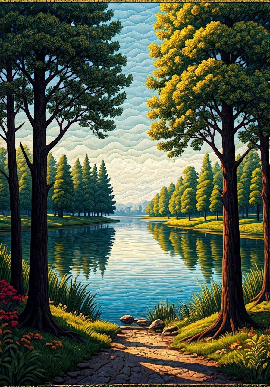 Quilted Landscape of Serbian Lake in Fabric Craft Style