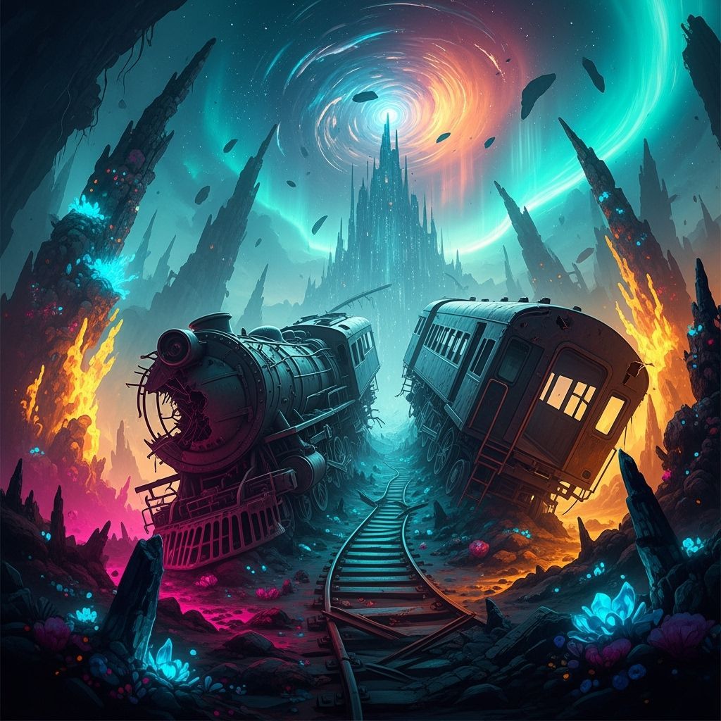 Surreal Train Wreckage in a Mystical Landscape