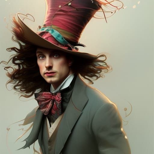 Detailed Portrait of a Mad Hatter in Art Nouveau Style