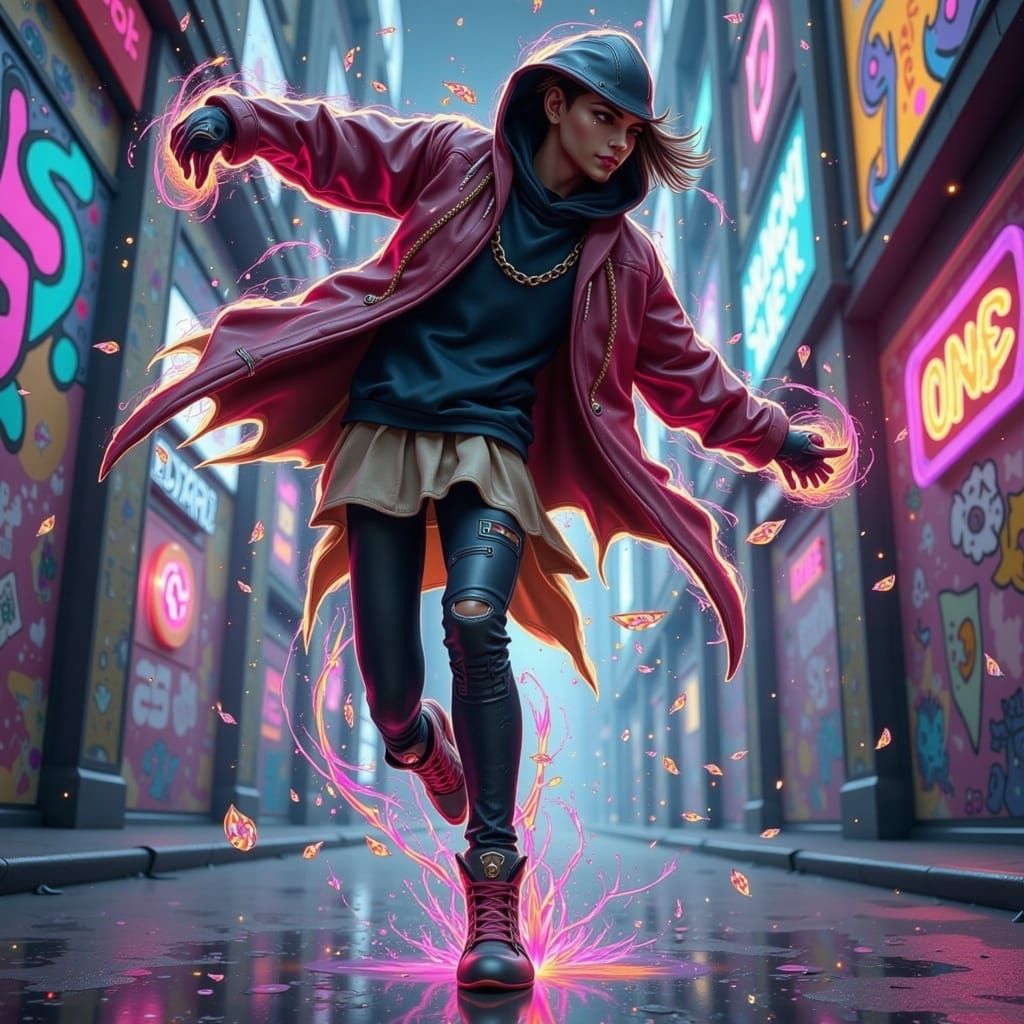 Vibrant Street Dancer in Neon-Lit Futurism