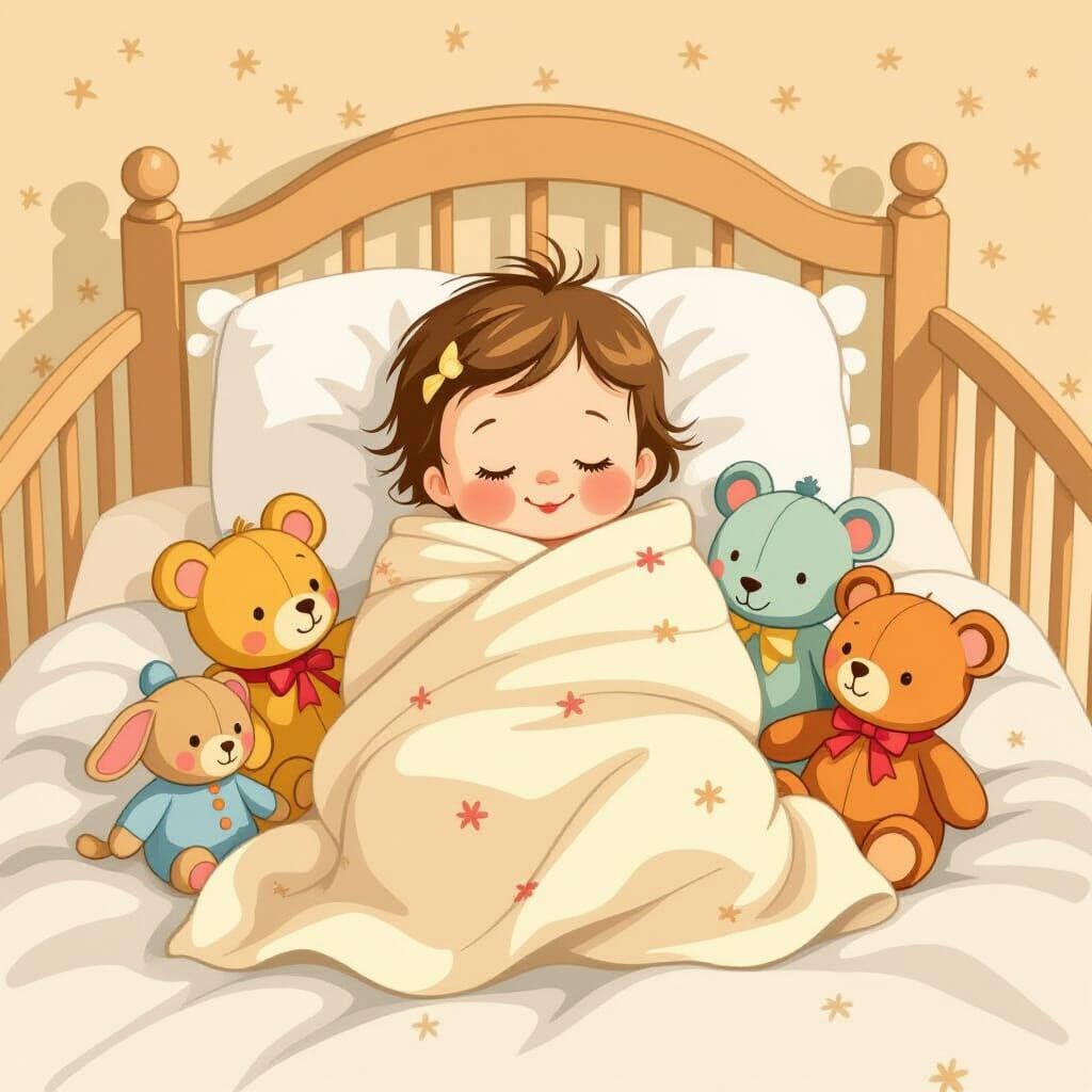 Adorable Baby in Nursery, Whimsical Illustration
