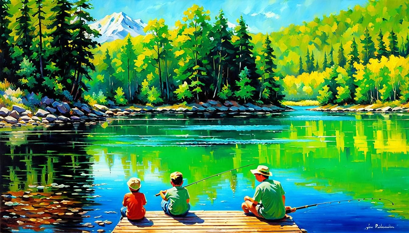 Father and Child Fishing: Vivid Color Illustration