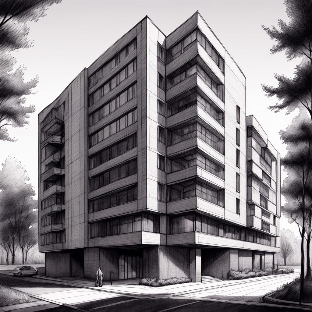 Highly Detailed Charcoal Building in Two-Point Perspective