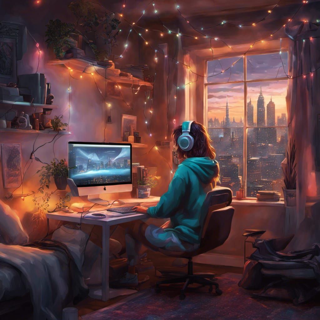 Girl with 90s Computer in Night City, Art Nouveau Style
