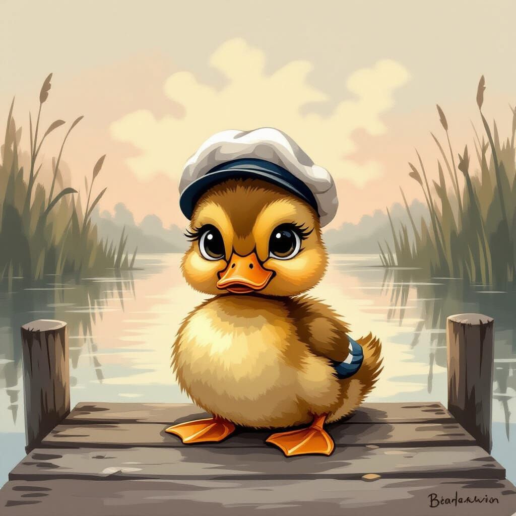 Melancholy Duckling in Sailor Hat on Dock