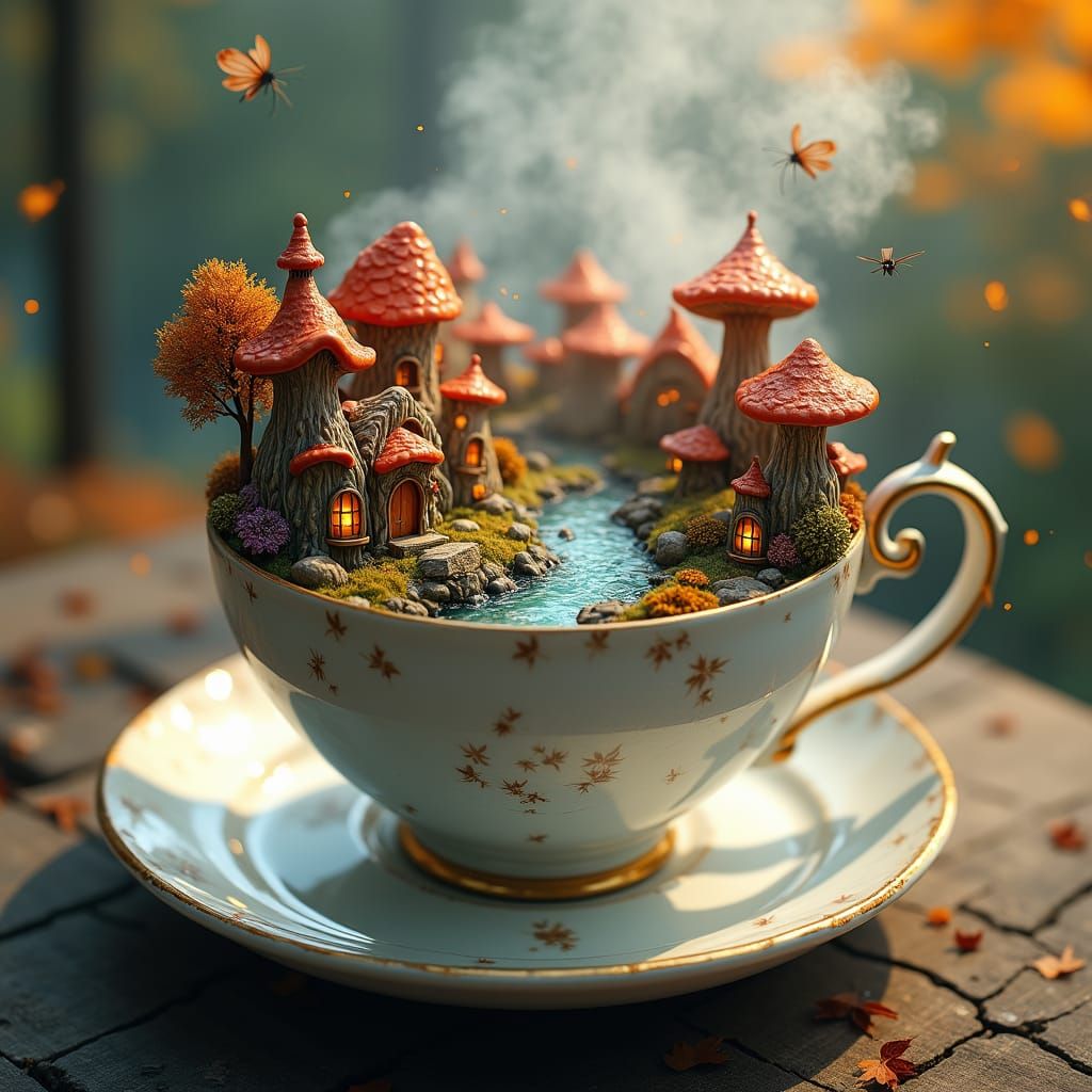 Miniature Autumn World Inside Teacup, Fantasy Art
