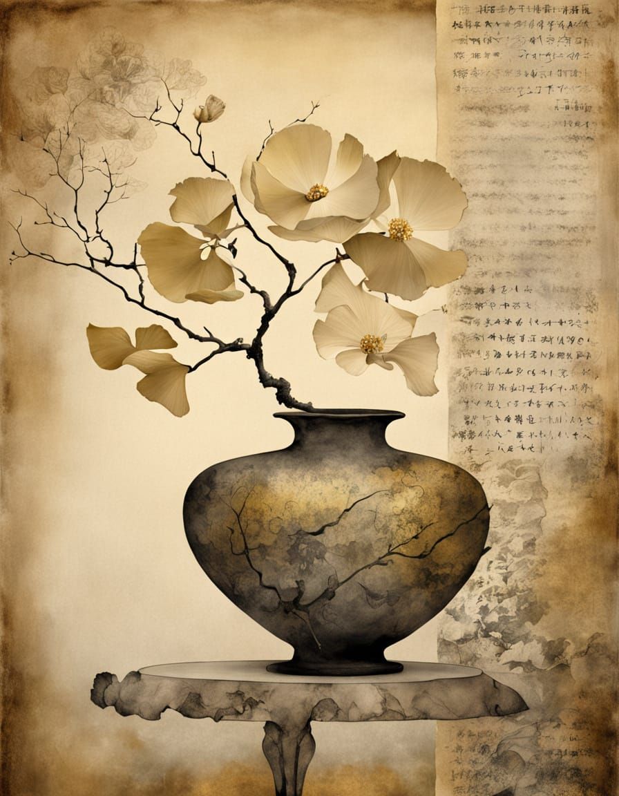 Traditional Sumi-e Ink Art with Ikebana Bloom
