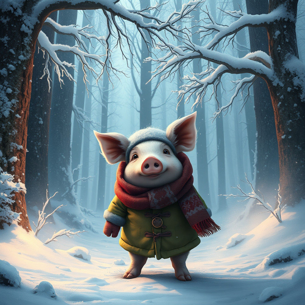 Piglet in Winter Forest, Matte Painting Style