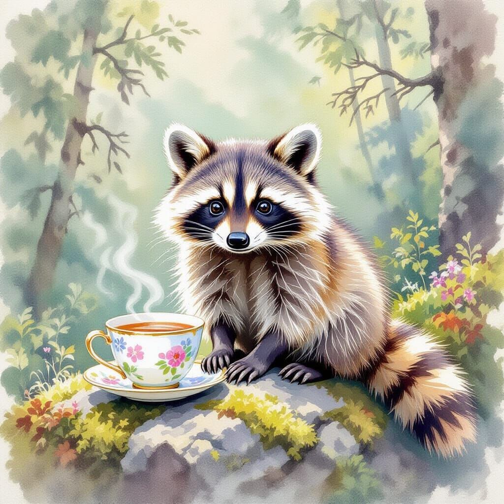 Fluffy Raccoon in Impressionistic Watercolor Style