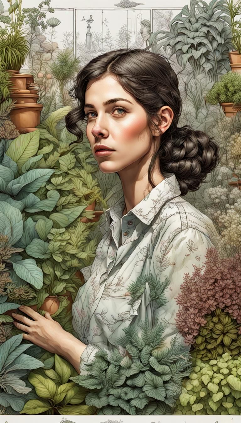Botanical Ink Portrait of a Woman in Storybook Style