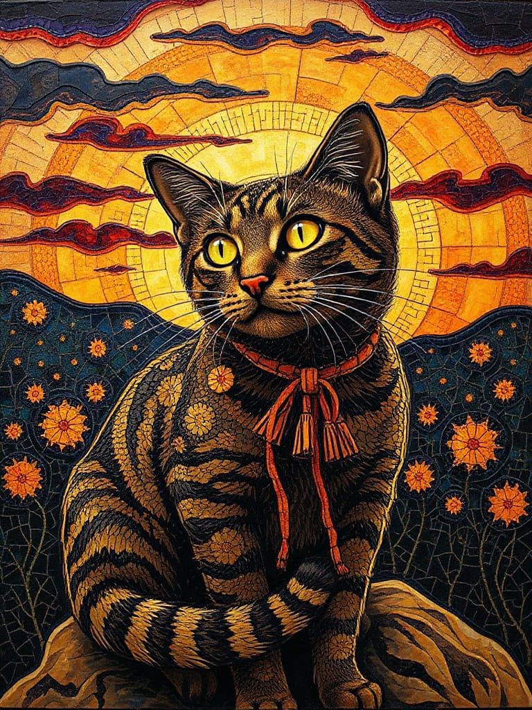 Surreal Sunset Cat in Zentangle and Dreamlike Style