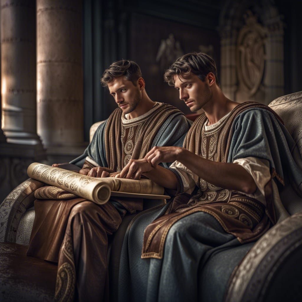 Handsome Roman Men Reading a Scroll Together