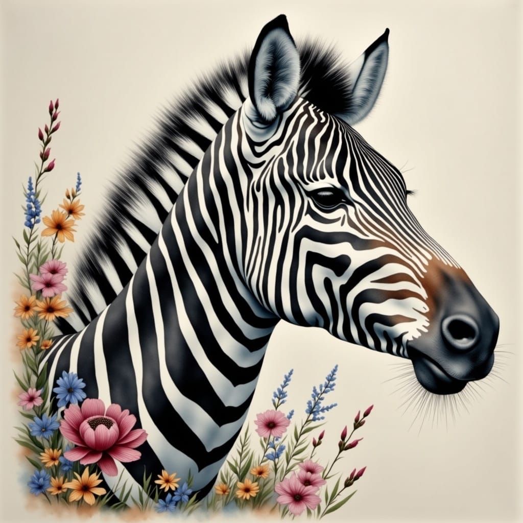 Zebra Portrait with Tropical Foliage in Watercolor Style