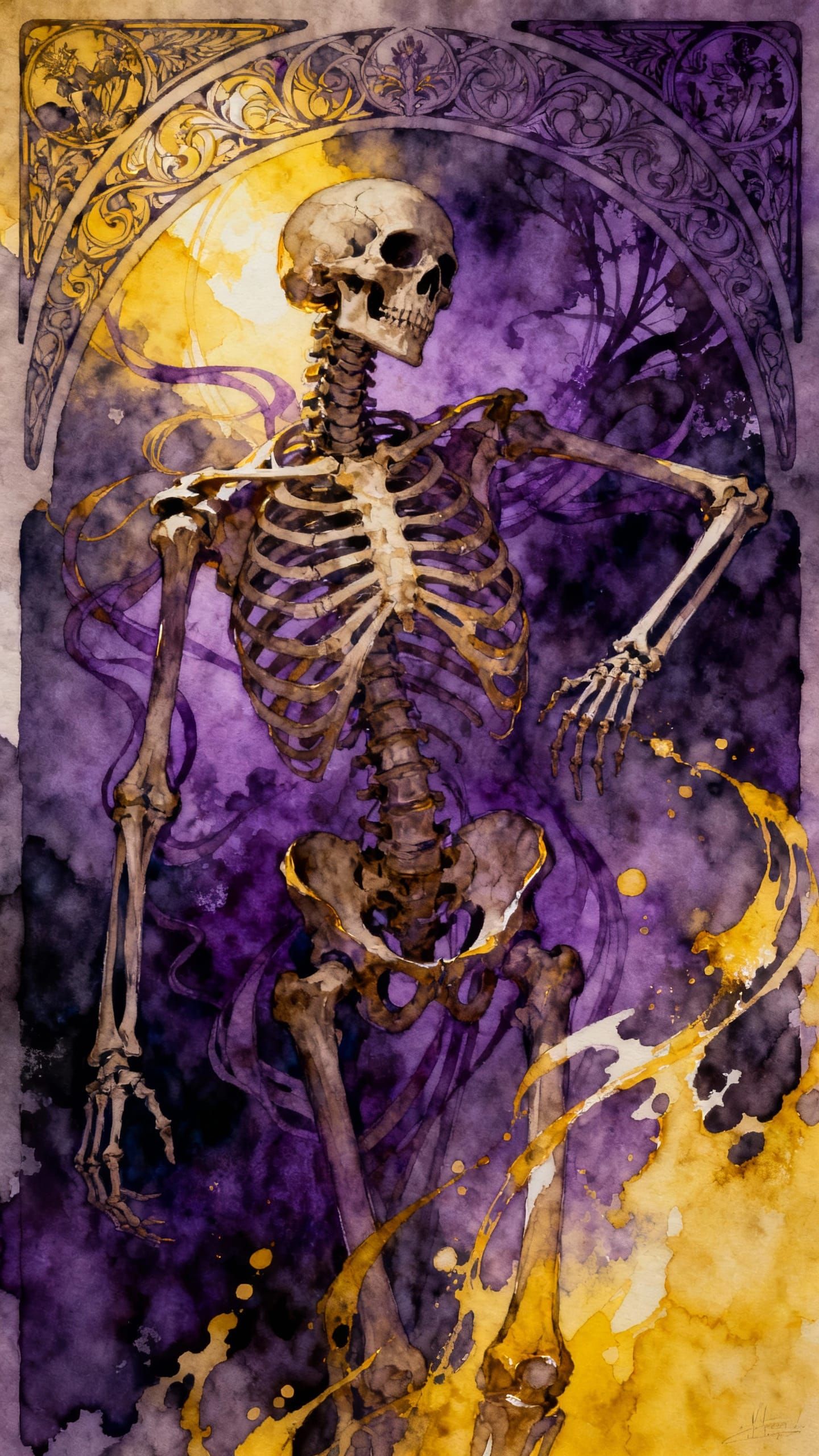 Postmodern Skeleton in High Contrast Purple and Yellow