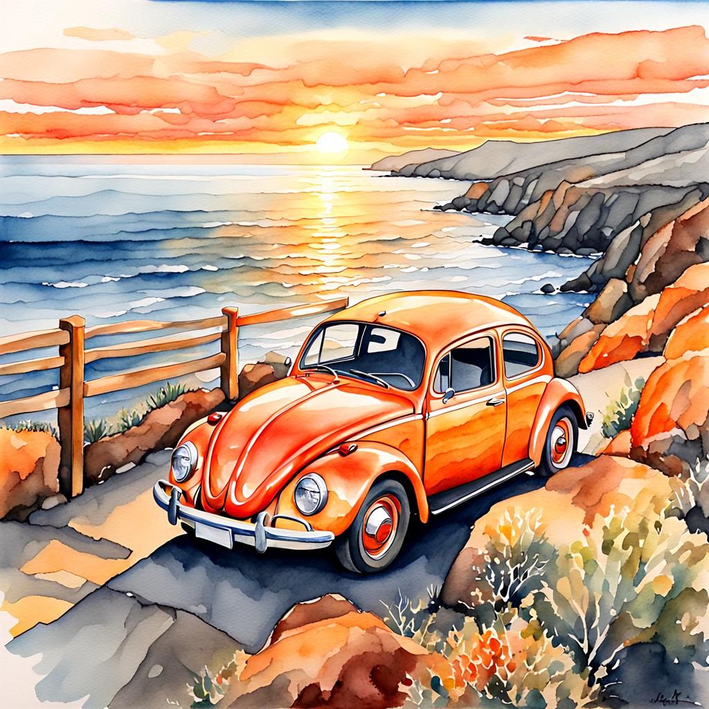 Watercolor Beetle at Sunset on Pacific Coast