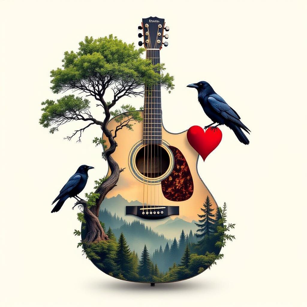 Acoustic Guitar Double Exposure: Tree, Heart, Raven Art