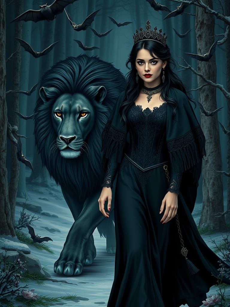 Vampirella and Black Lion in Snowy Forest