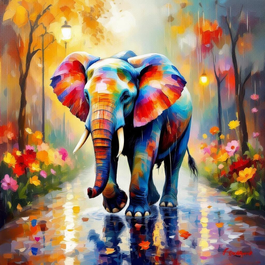 Colorful Elephant in Impressionist Rainstorm