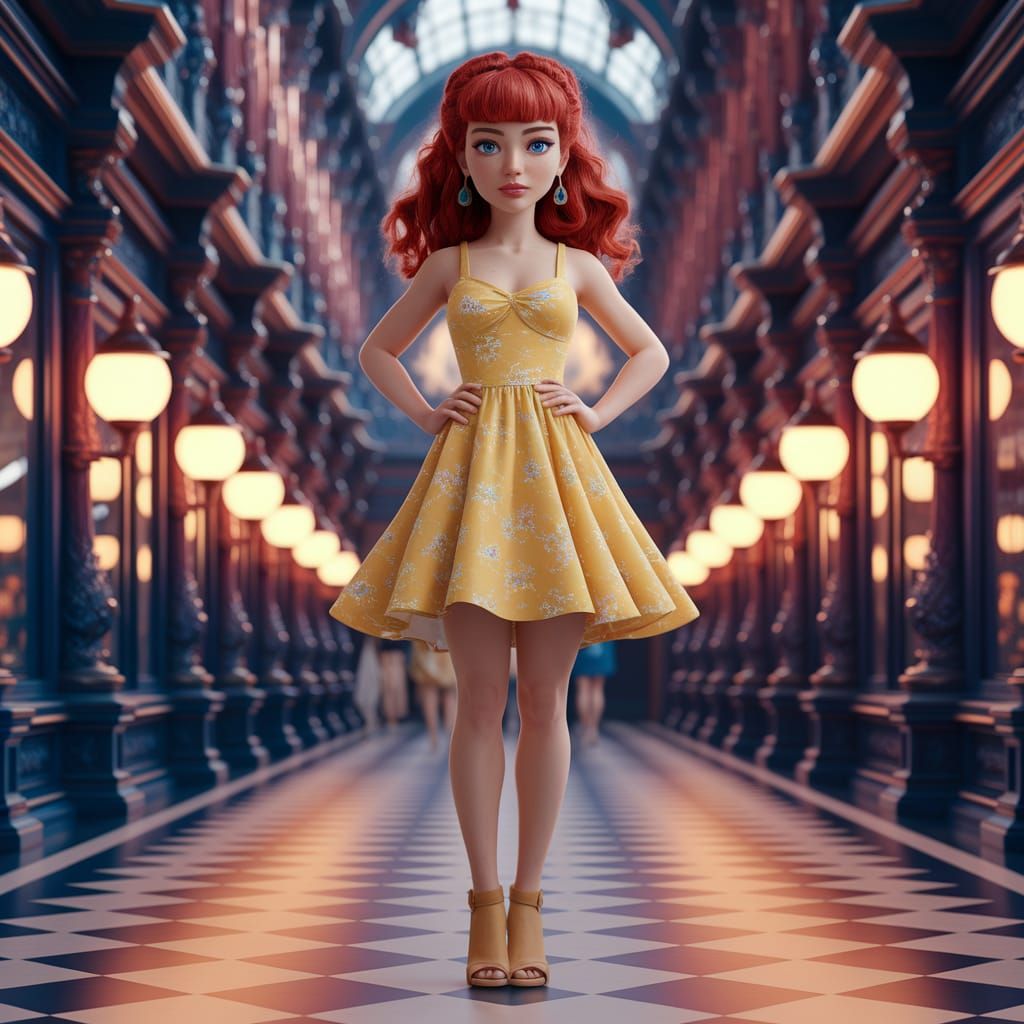 Confident Woman in Vibrant Fantasy Mall