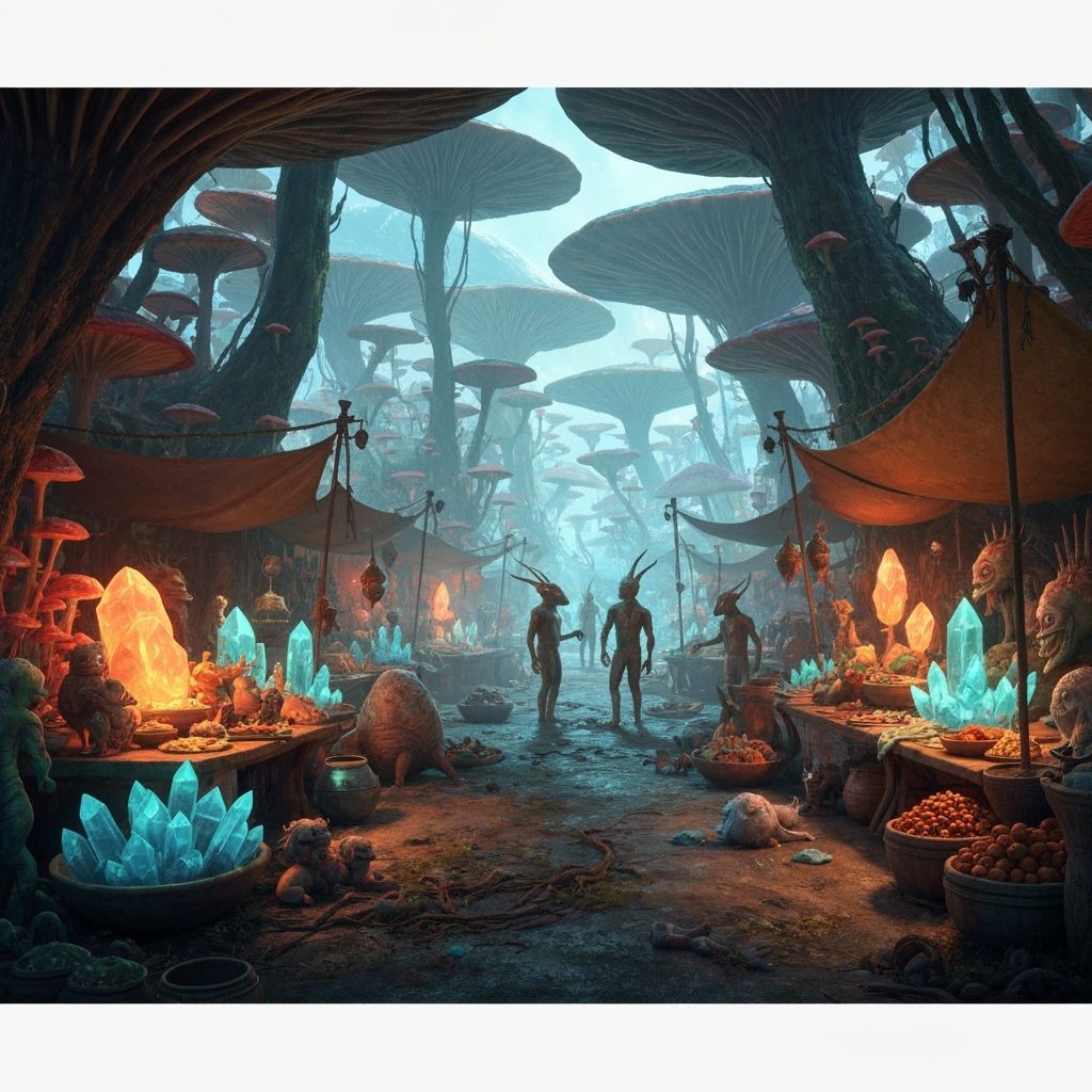 Bustling Alien Marketplace in Bioluminescent Mushroom Forest