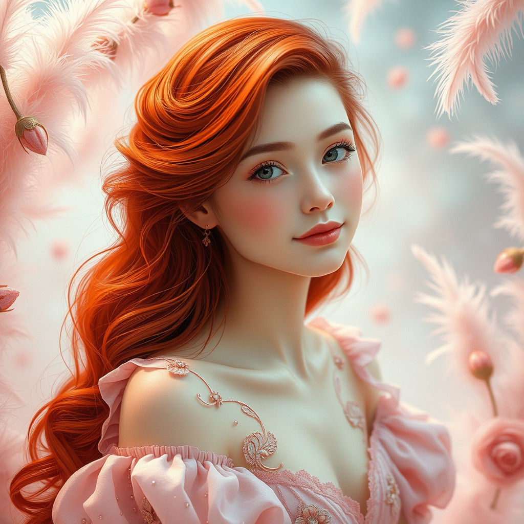Ethereal Redhead in Pink Dress: A Digital Art Portrait