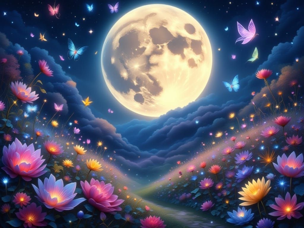 Glowing Full Moon Over Enchanted Fairy Garden