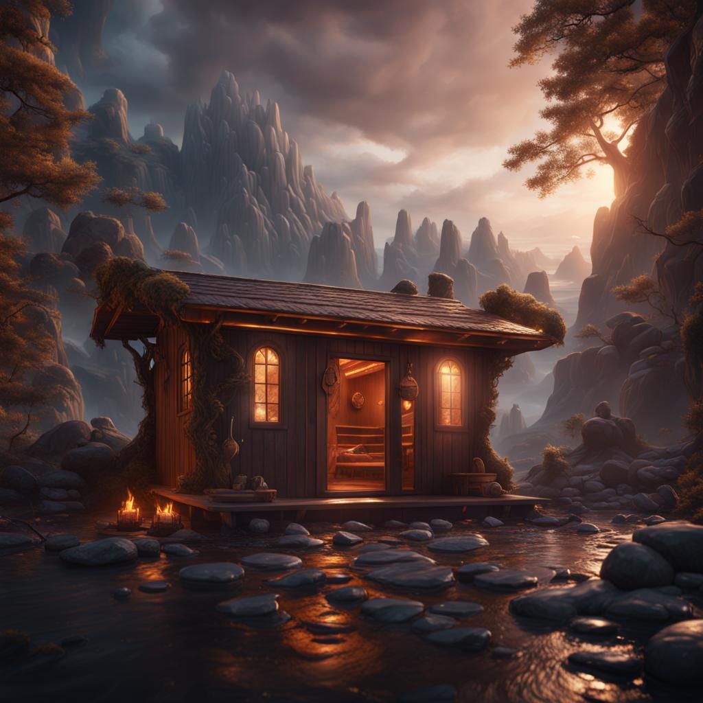 Detailed Matte Painting of Hard Men in Sauna