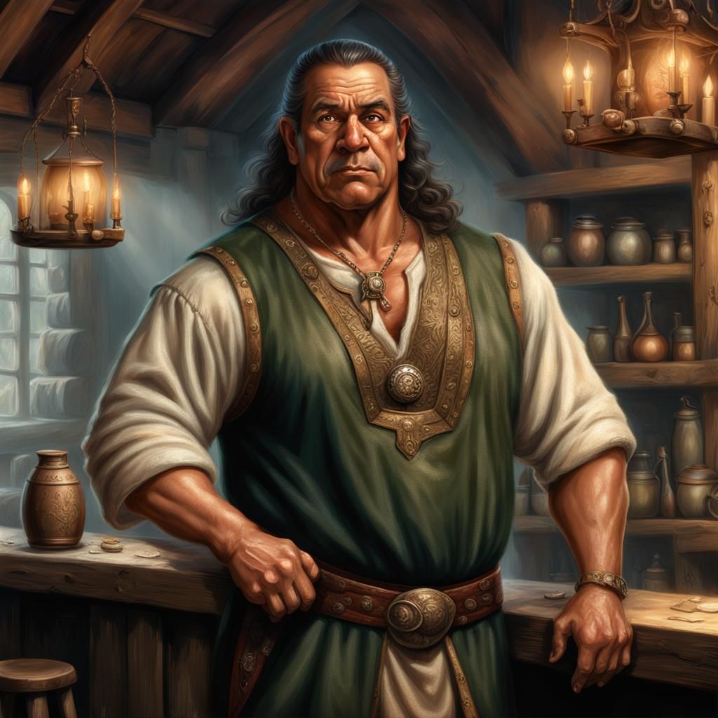 Samoan Bodybuilder Portrait in Medieval Tavern