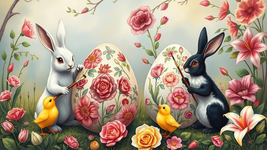 Easter Bunnies Painting Eggs in Fairytale Landscape
