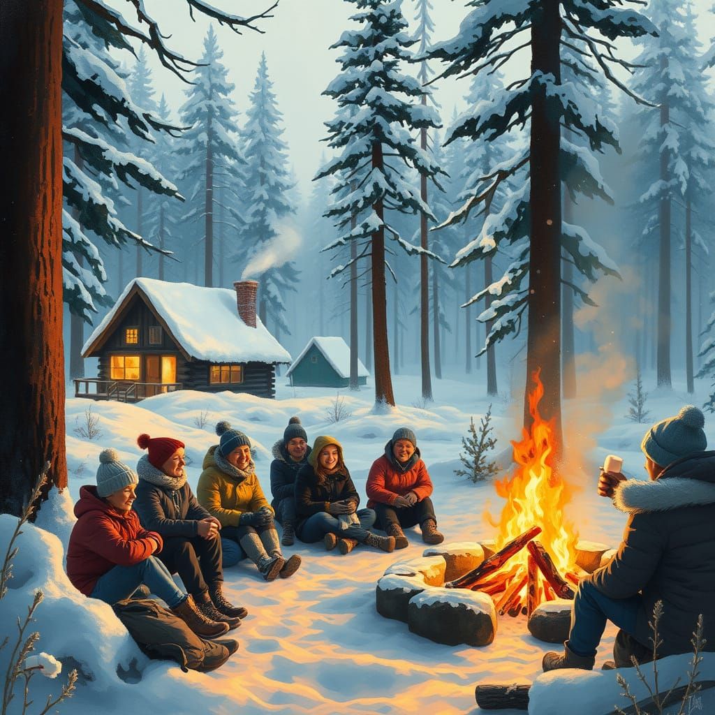 Winter Camping Scene in a Serene Snow-Covered Forest