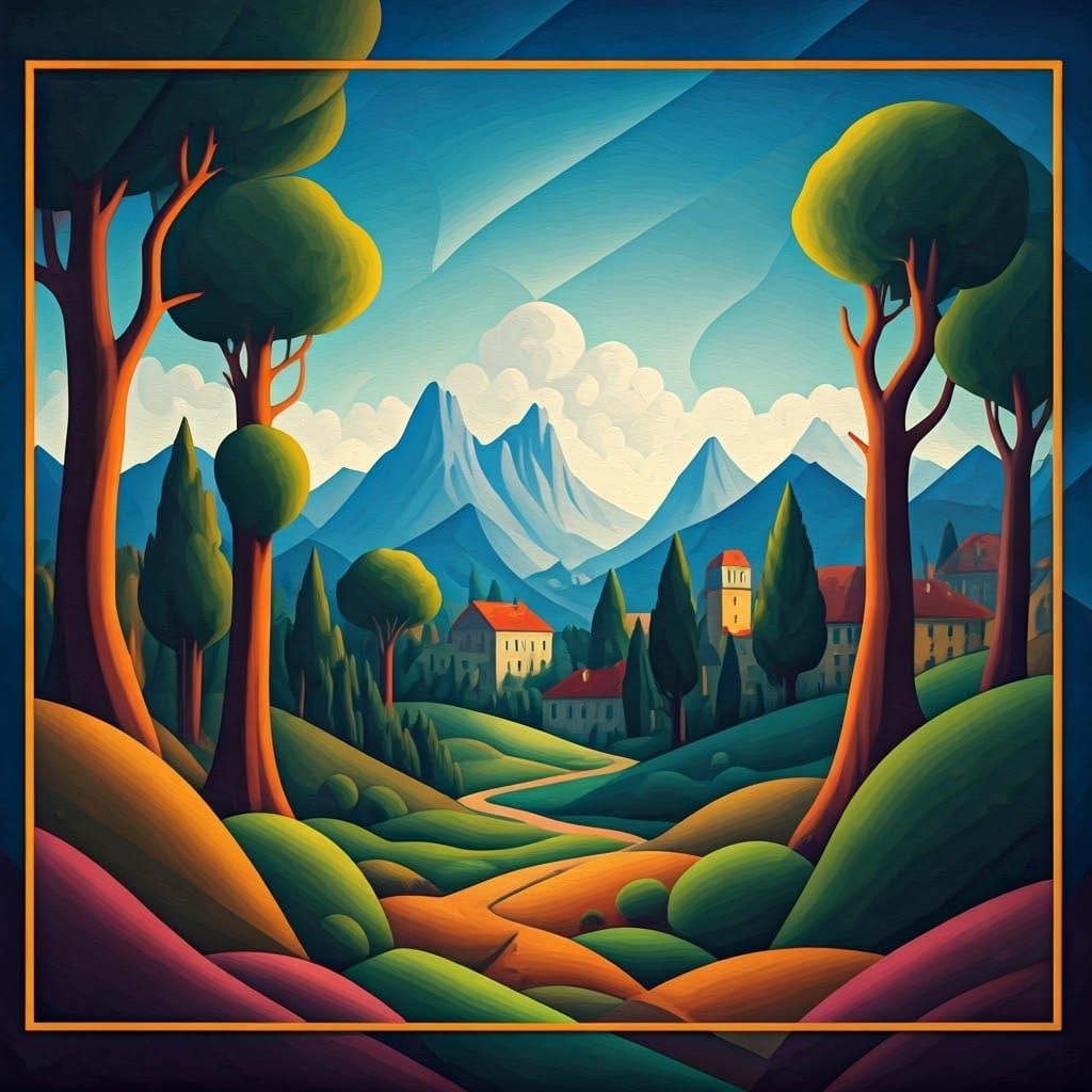 Colorful Cubist Landscape in Picasso Style