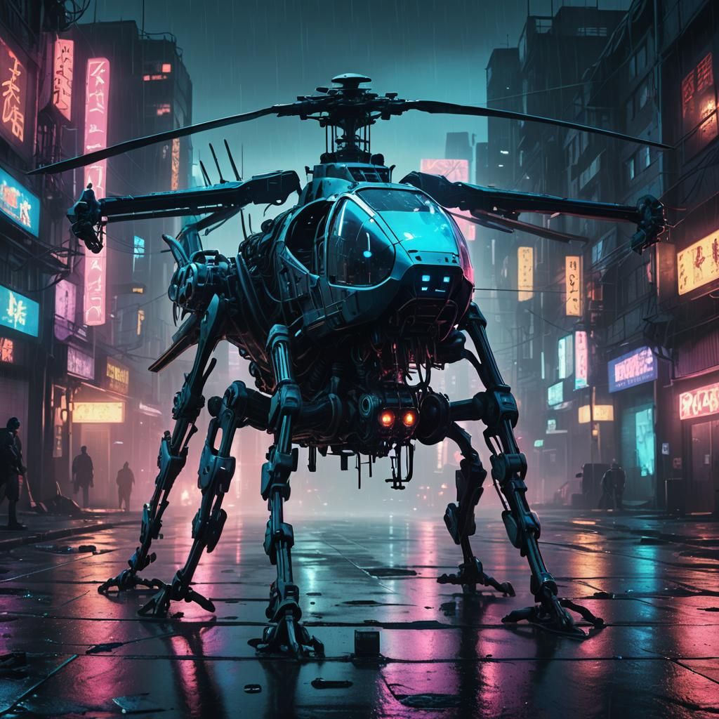 Cyberpunk Helicopter Skeleton in Neon Cityscape
