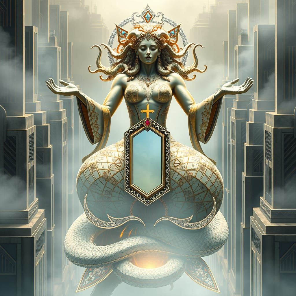 Majestic Being Atop Ethereal Medusa in Art Deco Metropolis