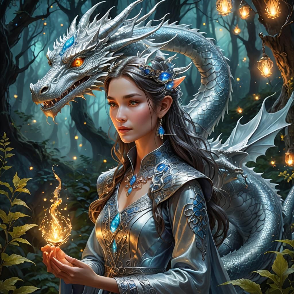 Silver Dragon Listens to Sorceress in Enchanted Forest