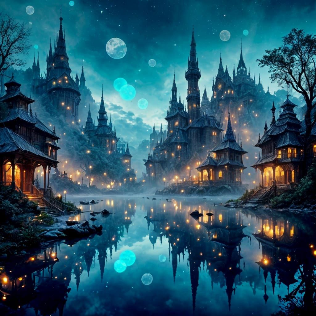 Surreal Watercolor Fantasy Scene Over a Dark Lake City