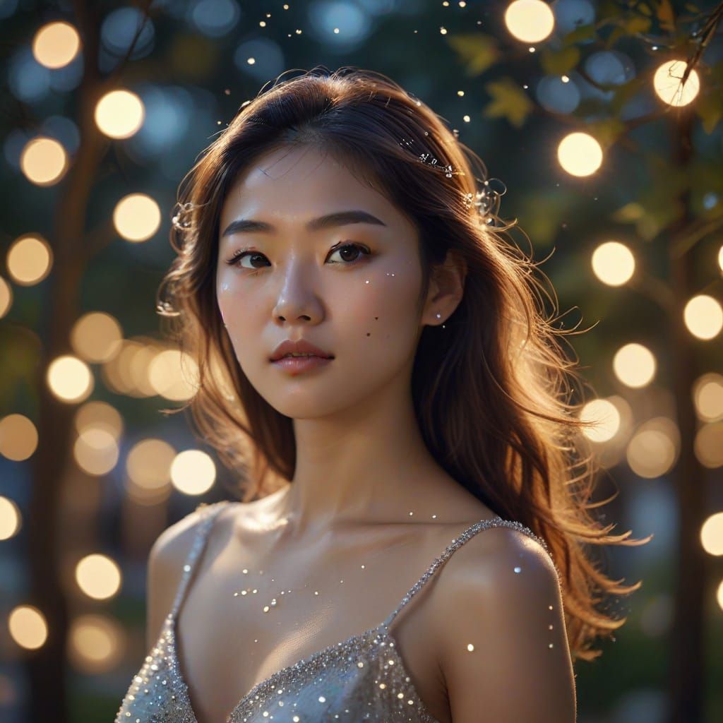 Korean Model in Luminous Night Park Photo