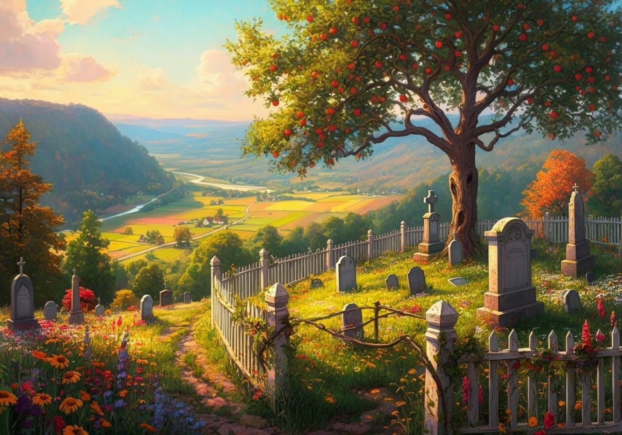 Whimsical Hilltop Graveyard Scene in Vibrant Colors