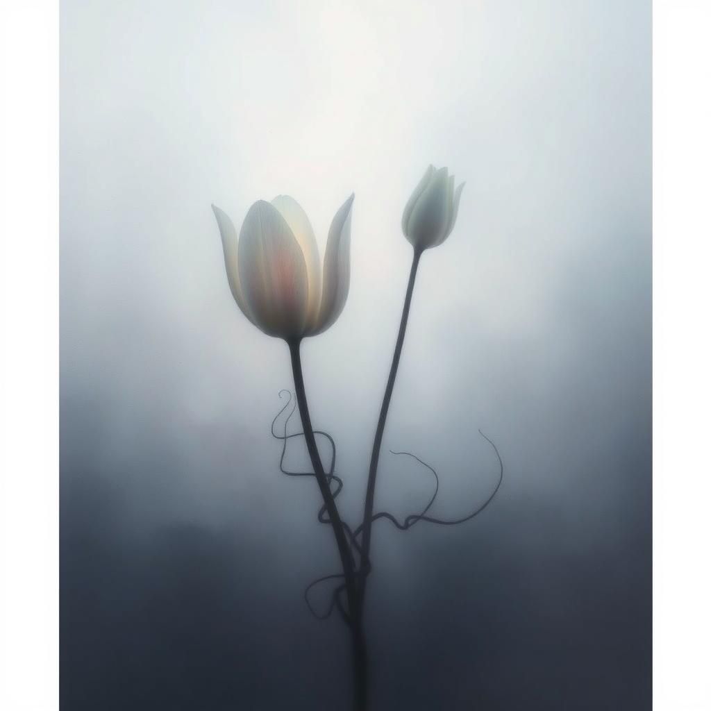 Ethereal Tulip Silhouette in Fog, Surreal Art